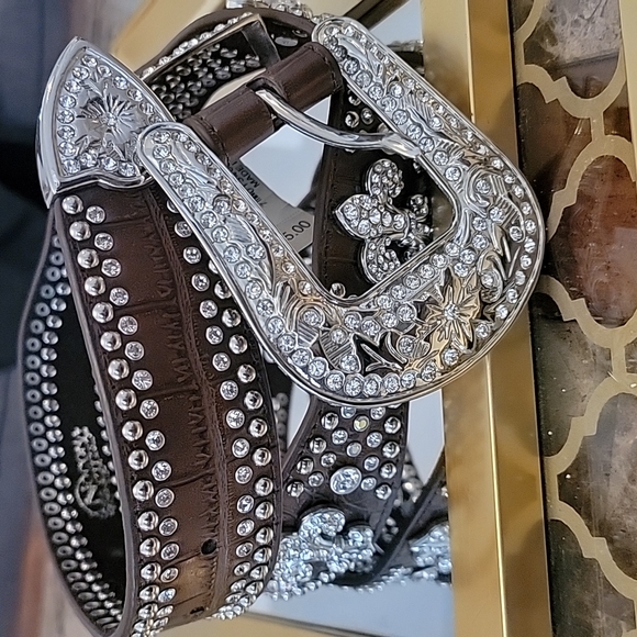 Nocona Fleur de lis  Ryan stone studded belt on leather main image 6